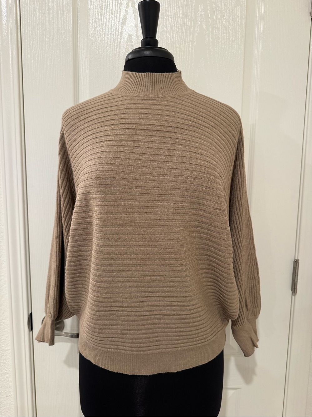 Beige Ribbed Mock Neck Knit Sweater